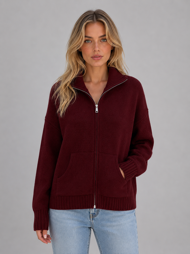 Women's Casual Soft Knit Funnel Neck Zip-Up Cardigan