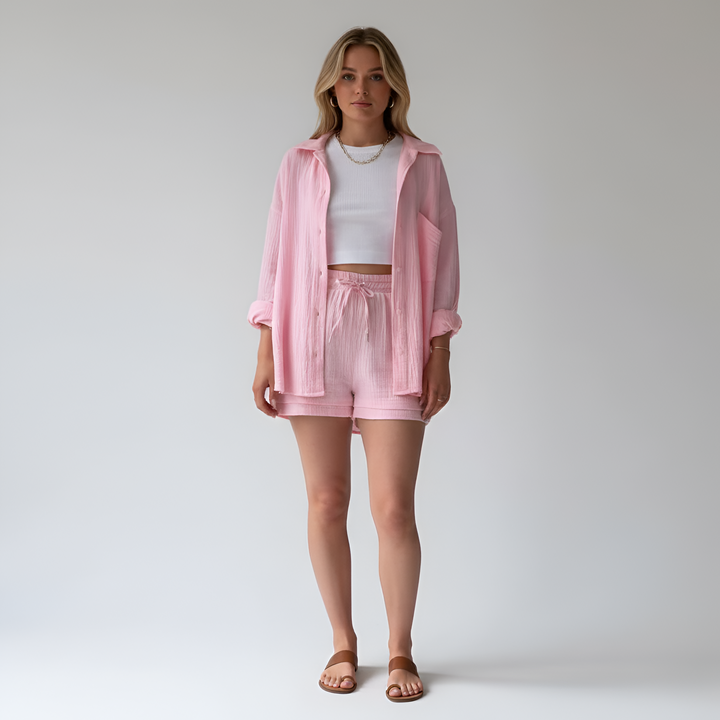 Womens Two-Piece Set Button-Down Shirt Elastic Waist Shorts
