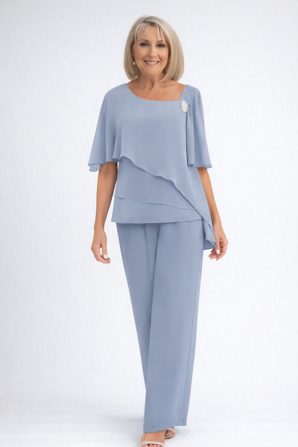 Womens Two-Piece Trouser Set Layered Asymmetric Top Cape Sleeves - Clovrio