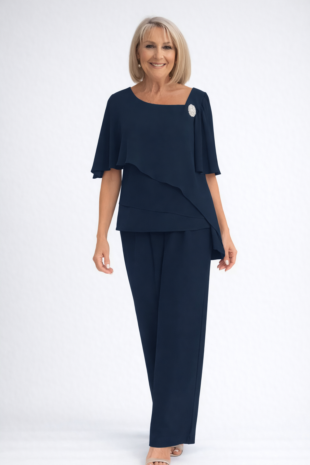 Womens Two-Piece Trouser Set Layered Asymmetric Top Cape Sleeves