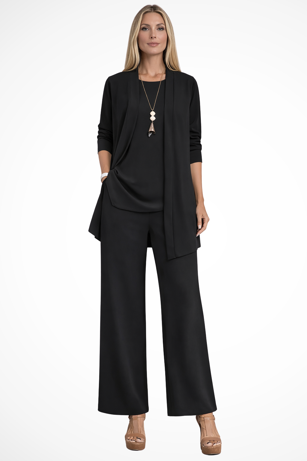 Womens 3-Piece Trouser Set Sleeveless Top Open Front Jacket Wide-Leg