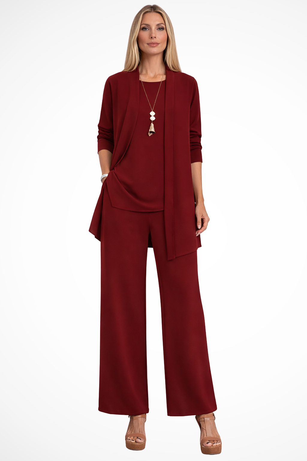 Womens 3-Piece Trouser Set Sleeveless Top Open Front Jacket Wide-Leg