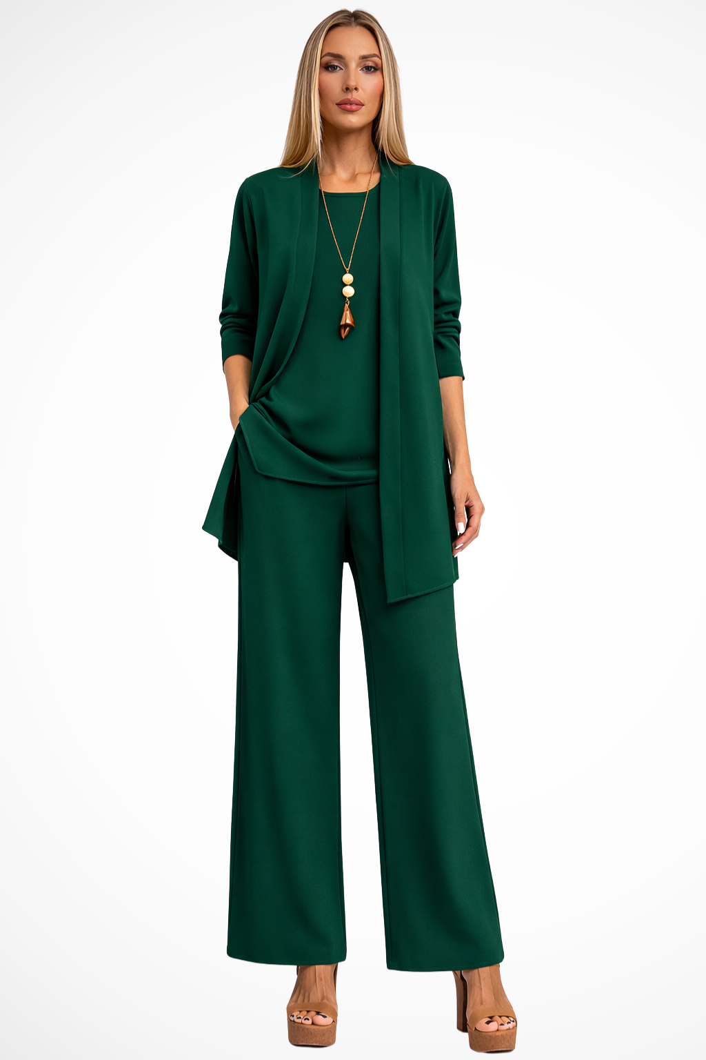 Womens 3-Piece Trouser Set Sleeveless Top Open Front Jacket Wide-Leg