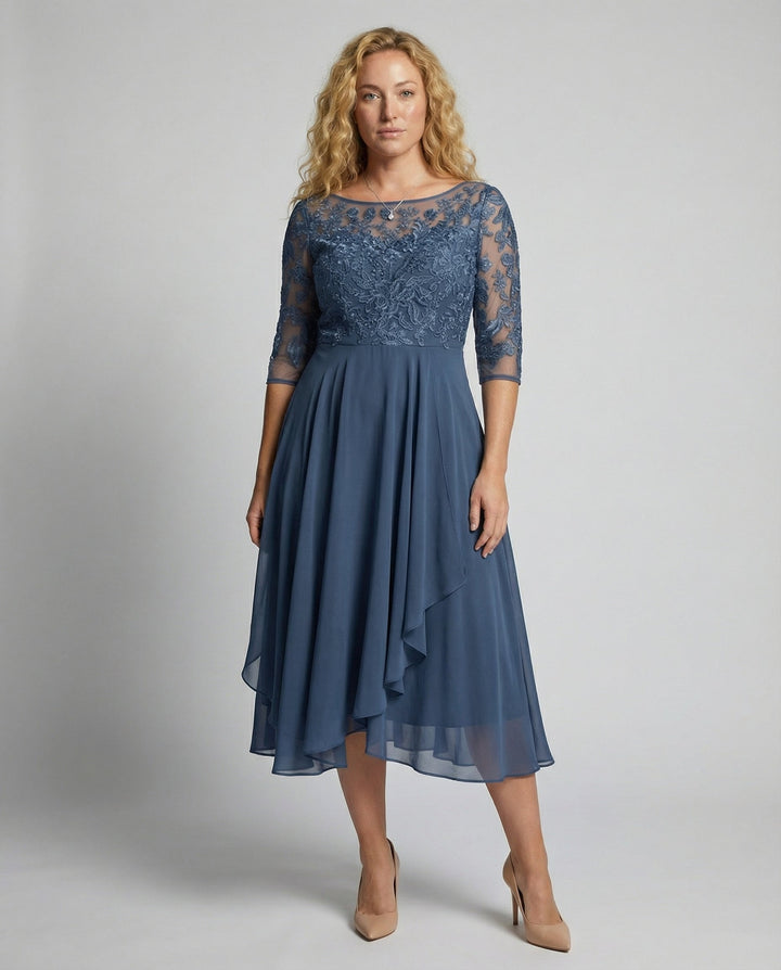 Womens Midi Dress with Embroidered Sleeves Layered Skirt - Clovrio