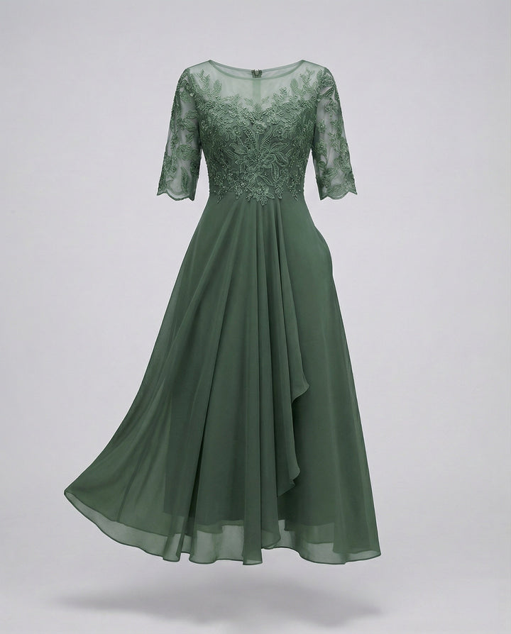 Womens Midi Dress with Embroidered Sleeves Layered Skirt