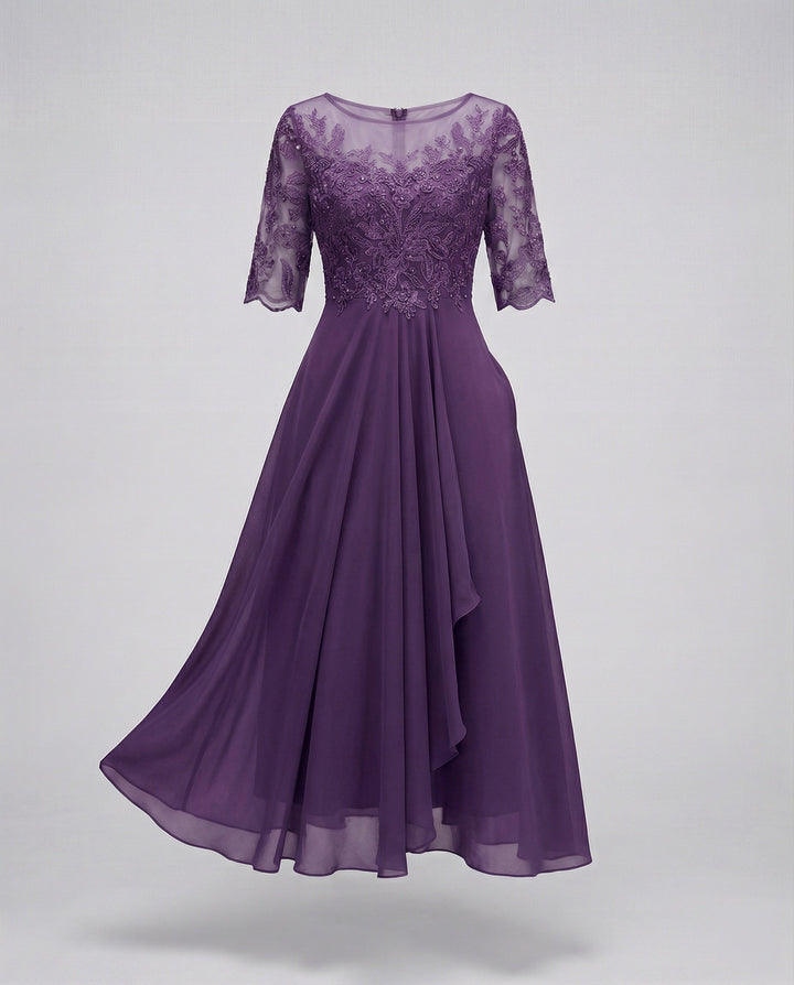 Womens Midi Dress with Embroidered Sleeves Layered Skirt