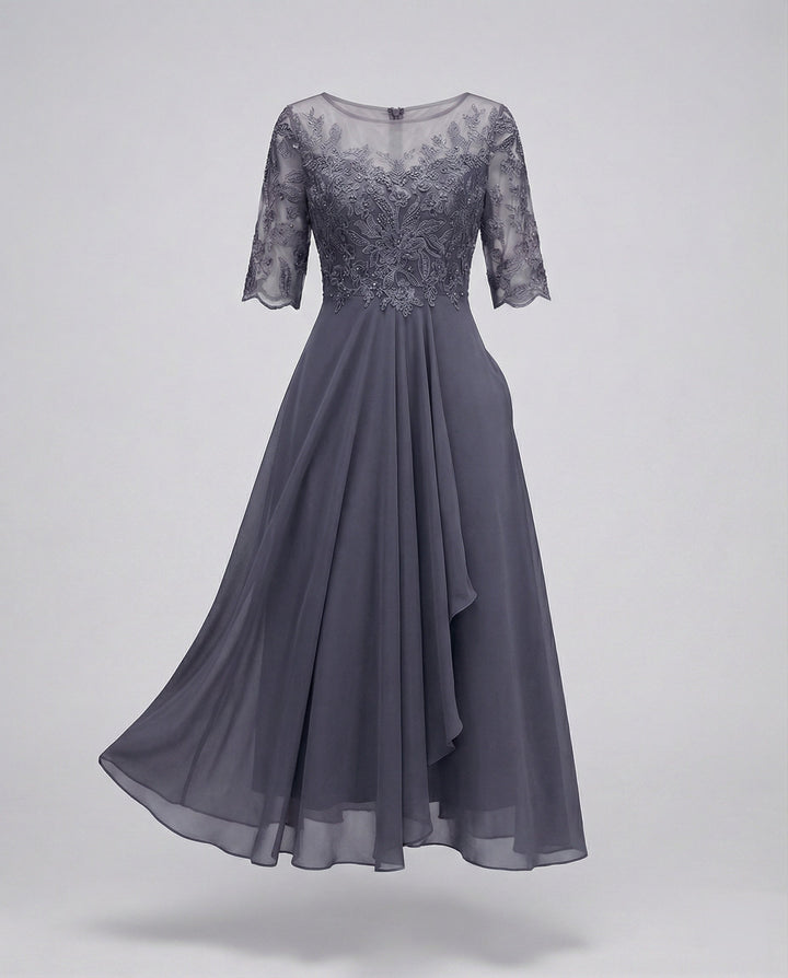 Womens Midi Dress with Embroidered Sleeves Layered Skirt