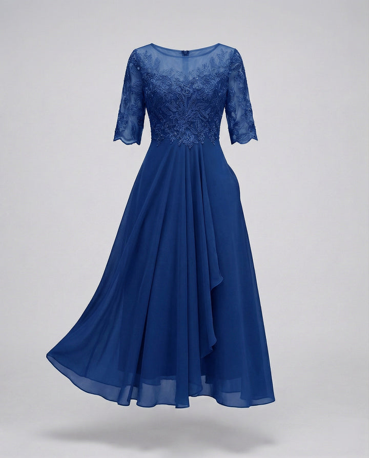 Womens Midi Dress with Embroidered Sleeves Layered Skirt