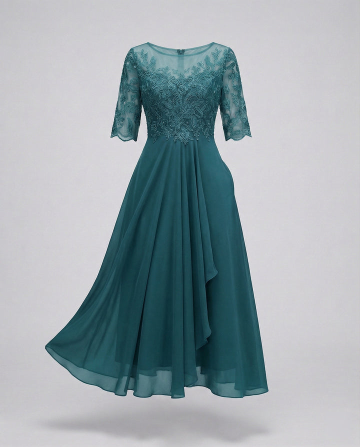 Womens Midi Dress with Embroidered Sleeves Layered Skirt
