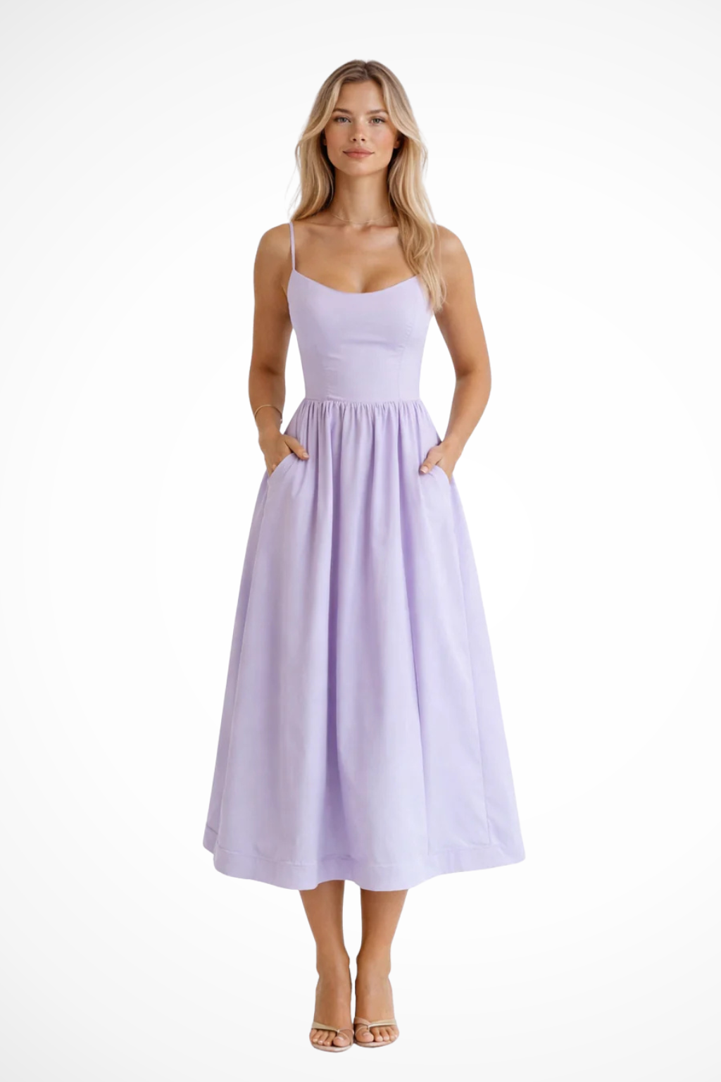 Womens A-Line Midi Dress with Spaghetti Straps Formal Fit