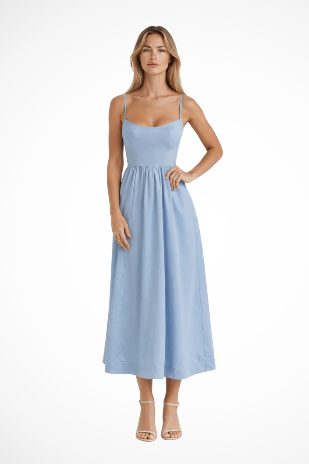 Womens A-Line Midi Dress with Spaghetti Straps Formal Fit