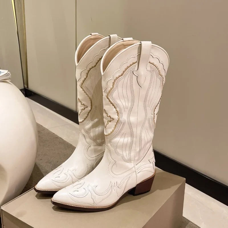 Womens Cowboy Boots Embroidered Western Block Heel - Clovrio