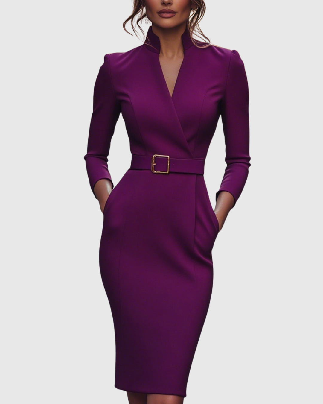 Womens Bodycon Midi Dress with Belt V-Neck Three-Quarter Sleeves