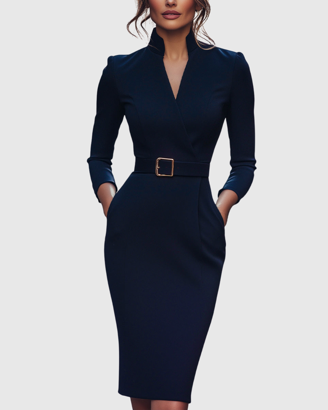 Womens Bodycon Midi Dress with Belt V-Neck Three-Quarter Sleeves