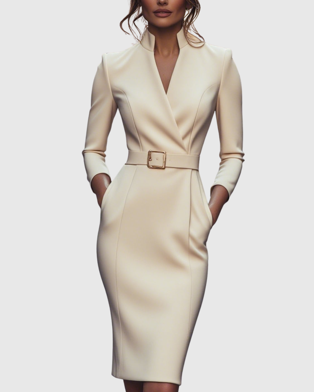 Womens Bodycon Midi Dress with Belt V-Neck Three-Quarter Sleeves