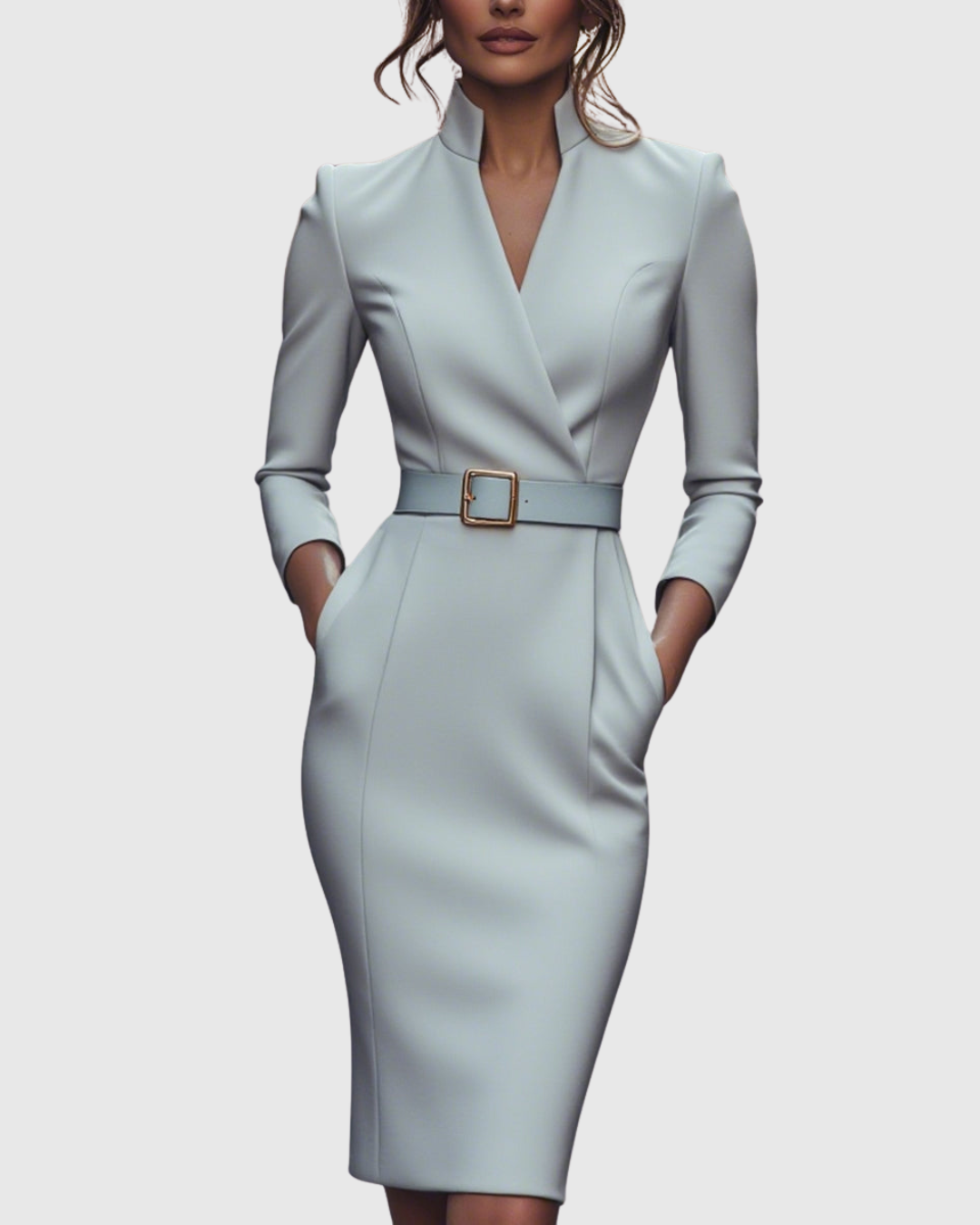 Womens Bodycon Midi Dress with Belt V-Neck Three-Quarter Sleeves