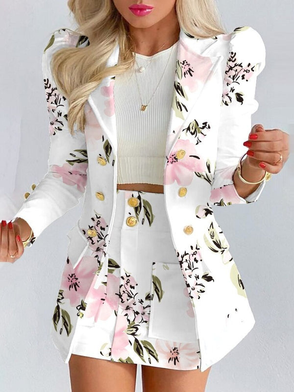 Womens Two-Piece Blazer and Mini Skirt Set Double Breasted