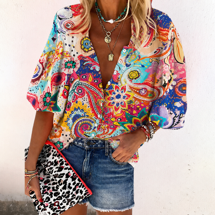 Womens Blouse Button-Down Shirt V-Neck Wide Three-Quarter Sleeves