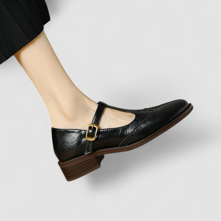 Womens Brogue Mary Jane Shoes Leather Low Block Heel