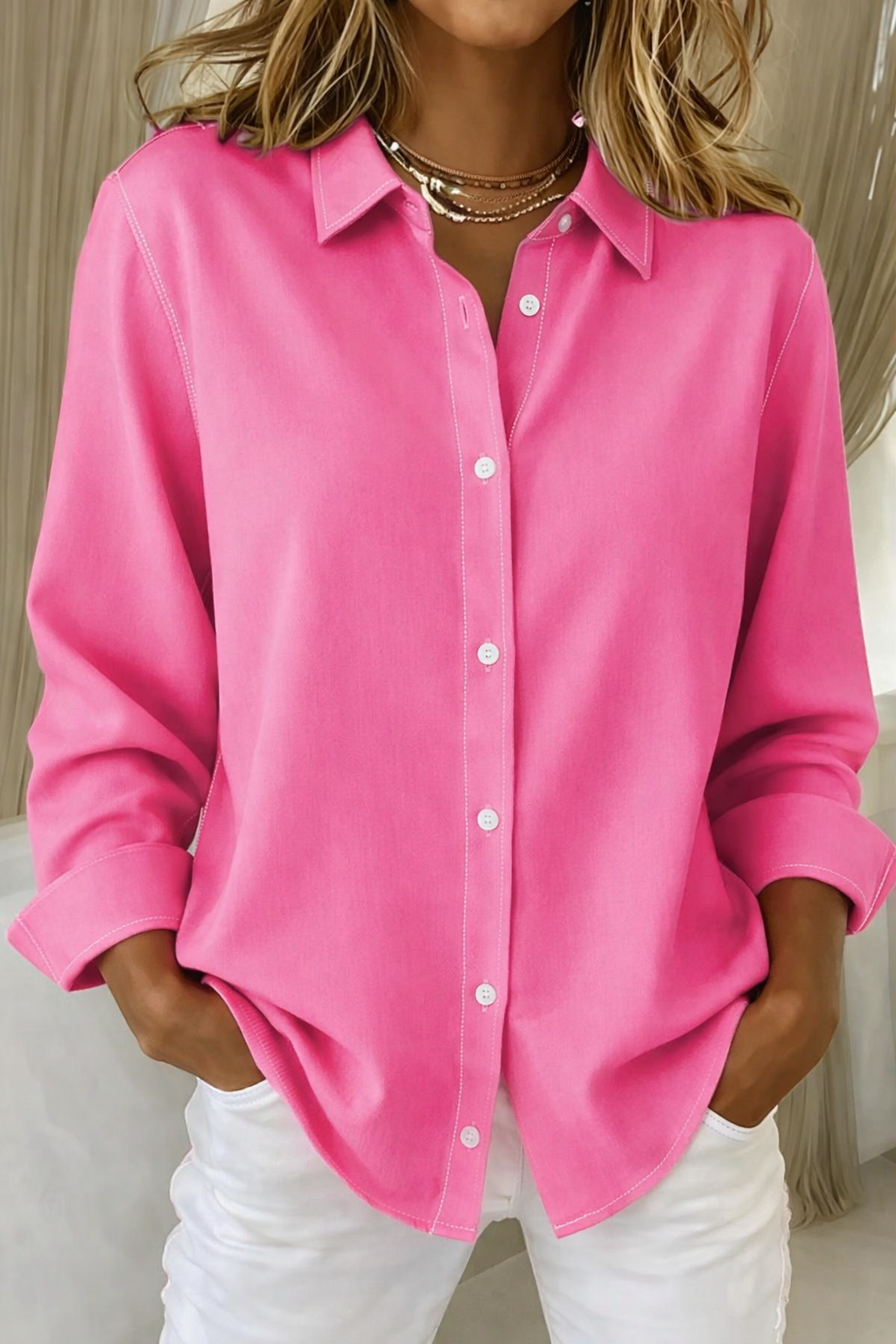 Womens Button-Up Blouse with Collar Long Sleeve - Clovrio