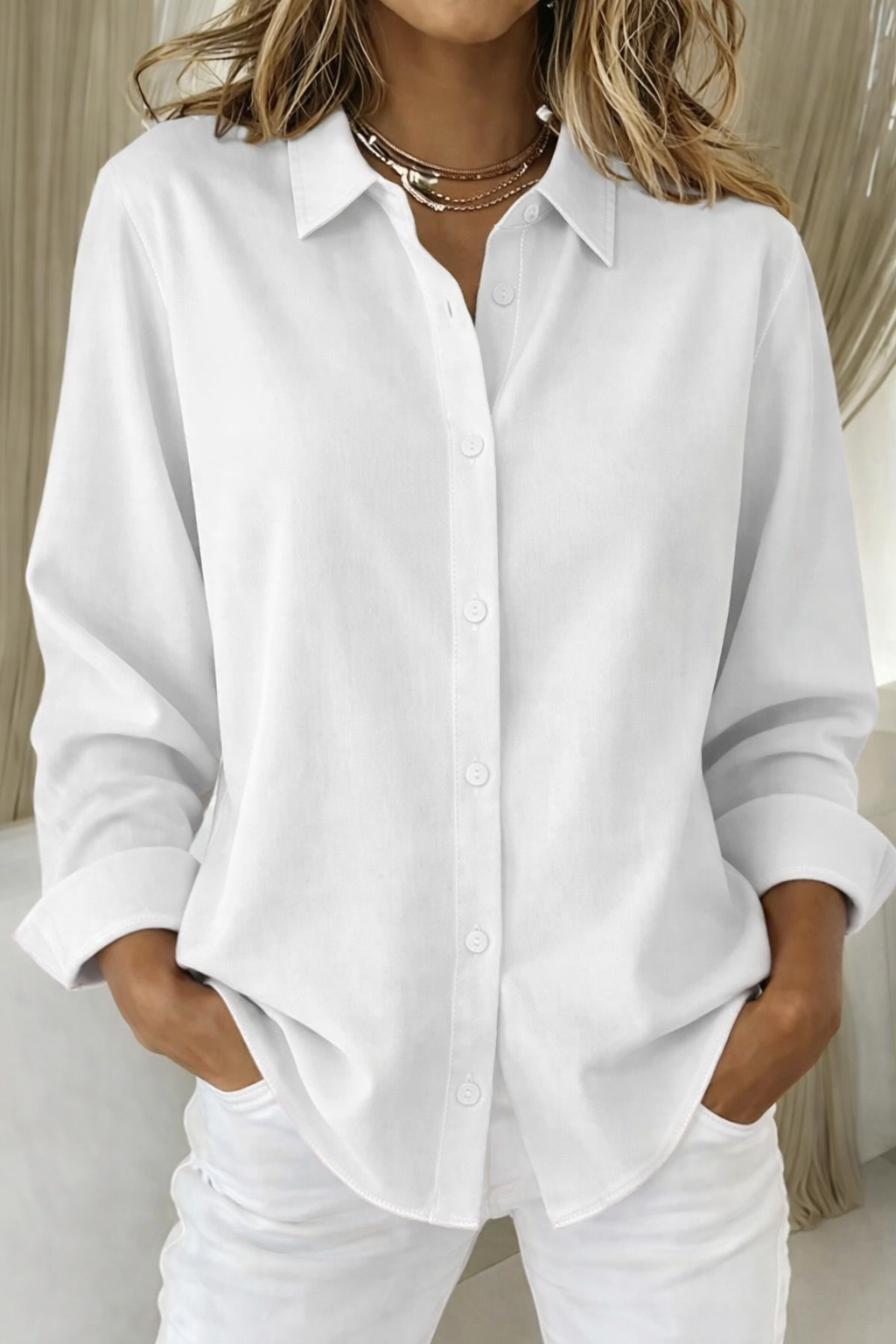 Womens Button-Up Blouse with Collar Long Sleeve