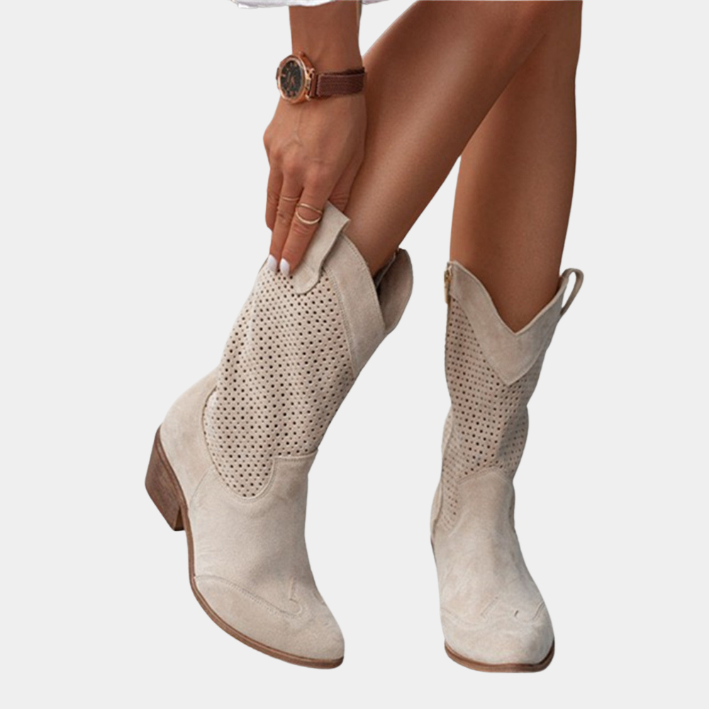 Womens Ankle Cowboy Boots Leather Perforated Block Heel - Clovrio
