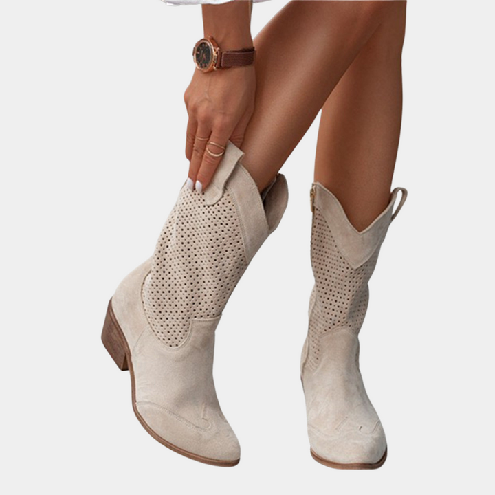 Womens Ankle Cowboy Boots Leather Perforated Block Heel - Clovrio