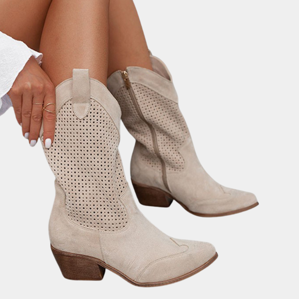 Womens Ankle Cowboy Boots Leather Perforated Block Heel