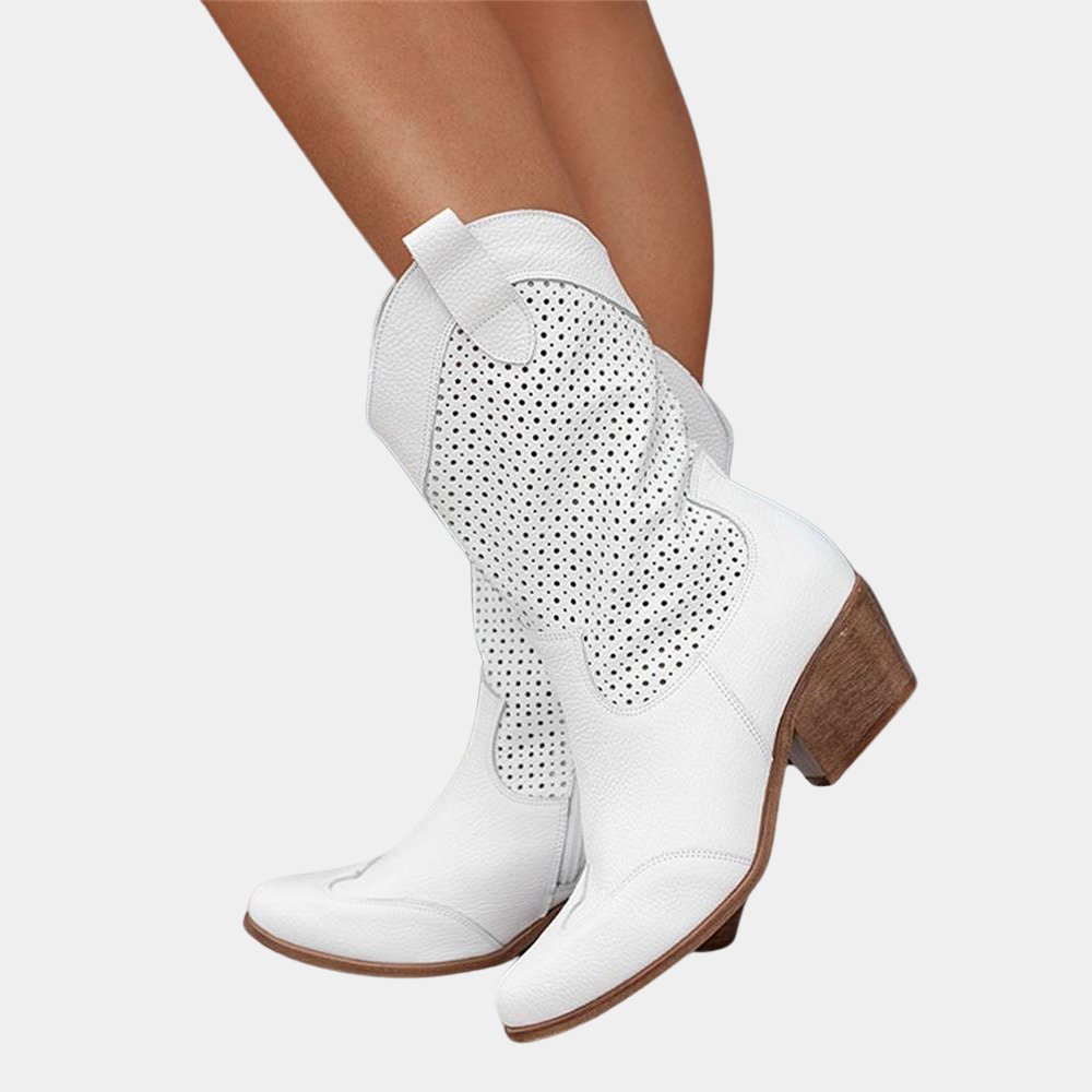 Womens Ankle Cowboy Boots Leather Perforated Block Heel