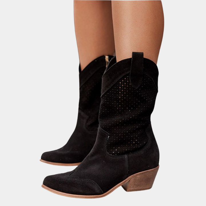 Womens Ankle Cowboy Boots Leather Perforated Block Heel