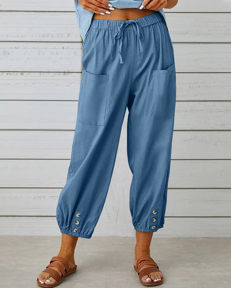 Womens Cropped Capri Trousers Lightweight Linen Relaxed Fit