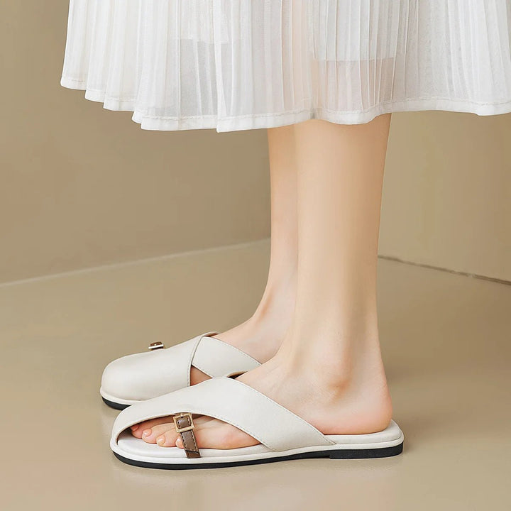 Womens Slide Sandals with Crisscross Straps and Buckle Detail