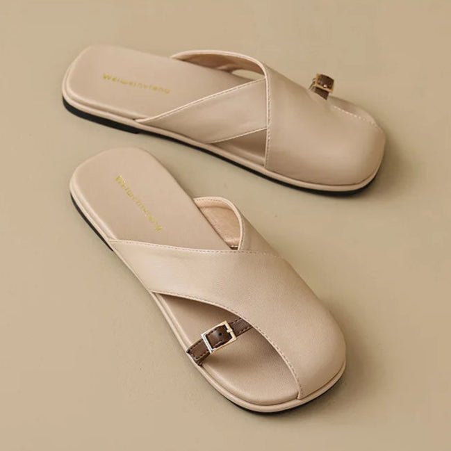 Womens Slide Sandals with Crisscross Straps and Buckle Detail