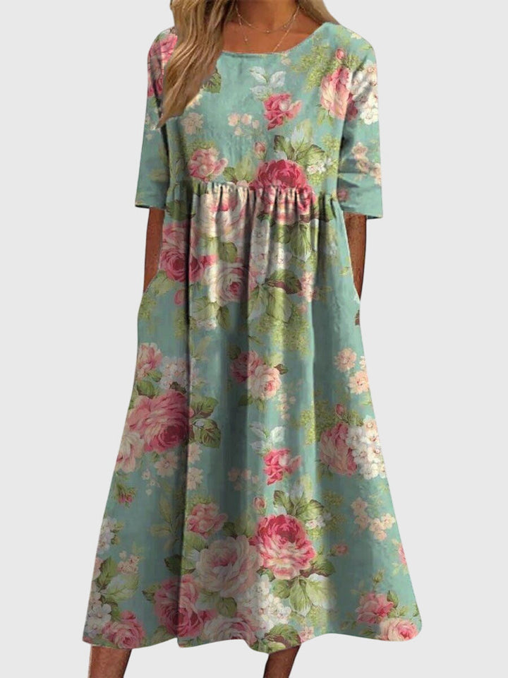 Womens Linen Midi Dress Empire Waist with Side Pockets