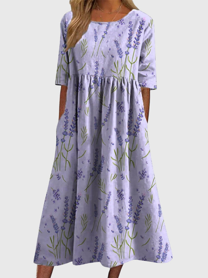 Womens Linen Midi Dress Empire Waist with Side Pockets