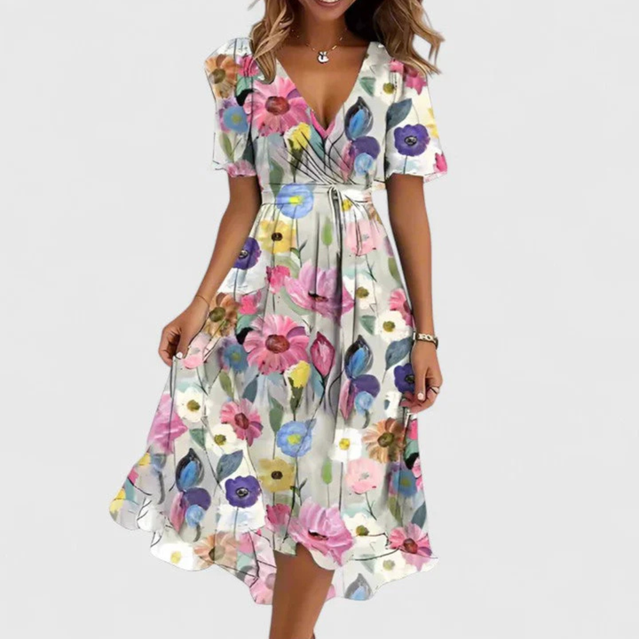 Womens Midi Dress Floral V-Neck Short Sleeve