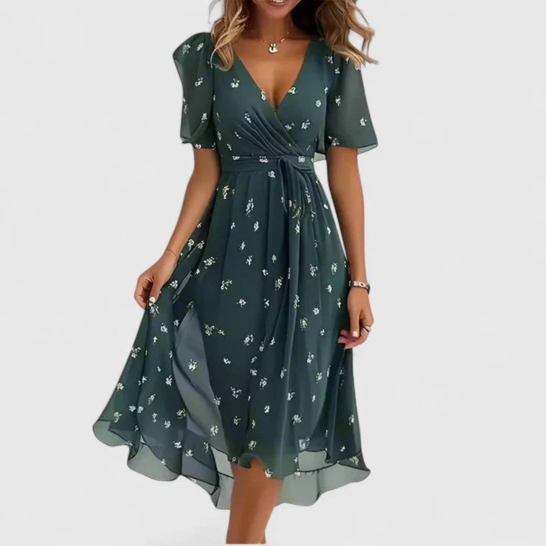 Womens Midi Dress Floral V-Neck Short Sleeve