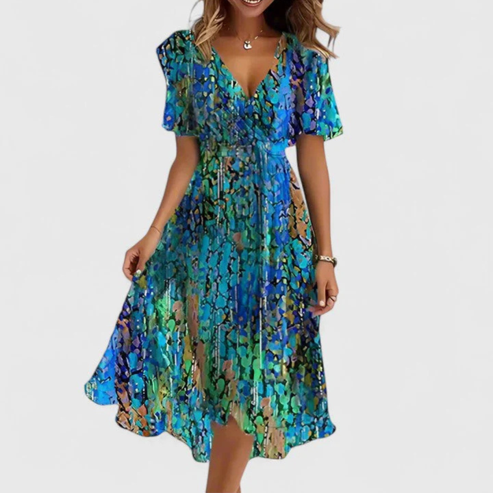 Womens Midi Dress Floral V-Neck Short Sleeve