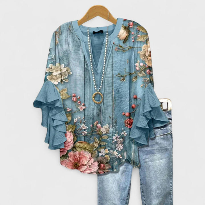 Womens Blouse with Ruffle and Flare Sleeve Flowing Fit - Clovrio