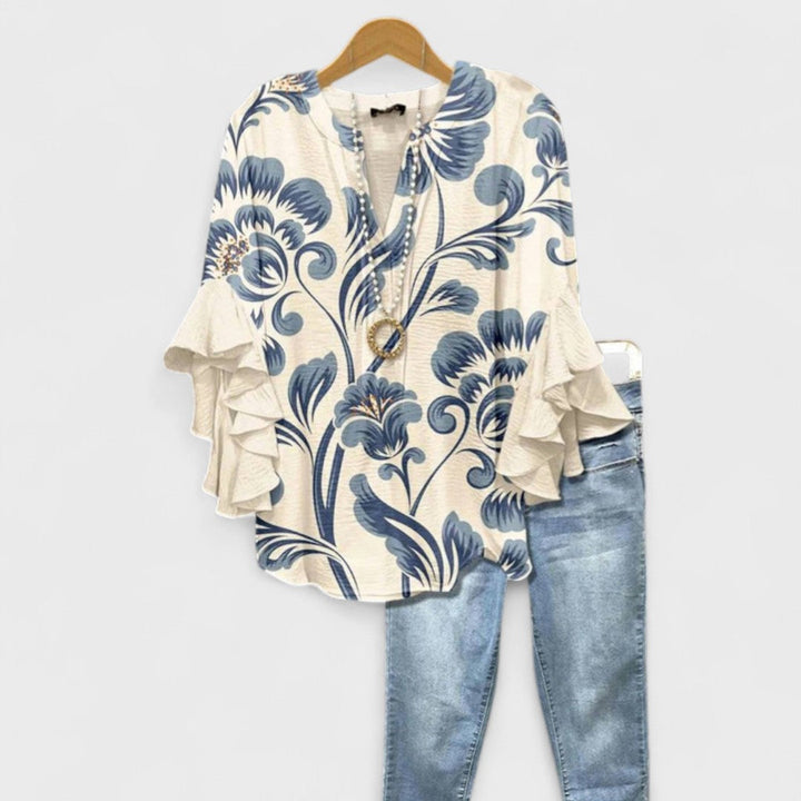 Womens Blouse with Ruffle and Flare Sleeve Flowing Fit