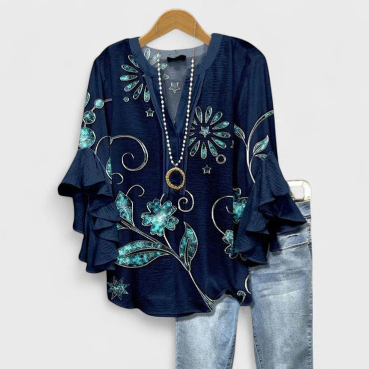 Womens Blouse with Ruffle and Flare Sleeve Flowing Fit