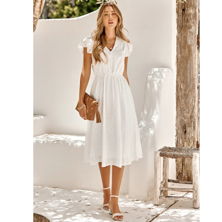 Womens Midi Dress with Flutter Sleeves Relaxed Fit A-Line Skirt