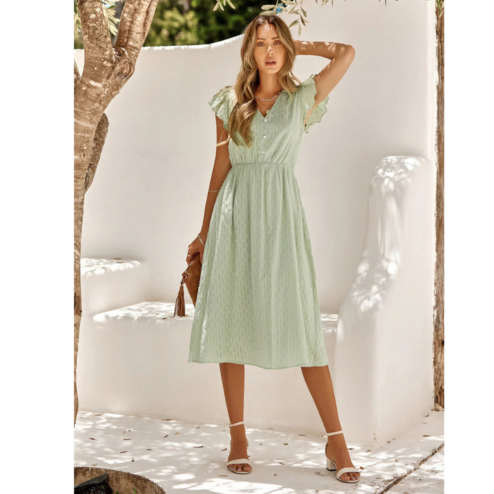 Womens Midi Dress with Flutter Sleeves Relaxed Fit A-Line Skirt - Clovrio