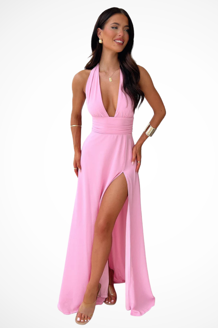 Womens Maxi Dress Halter Neck High Thigh Split