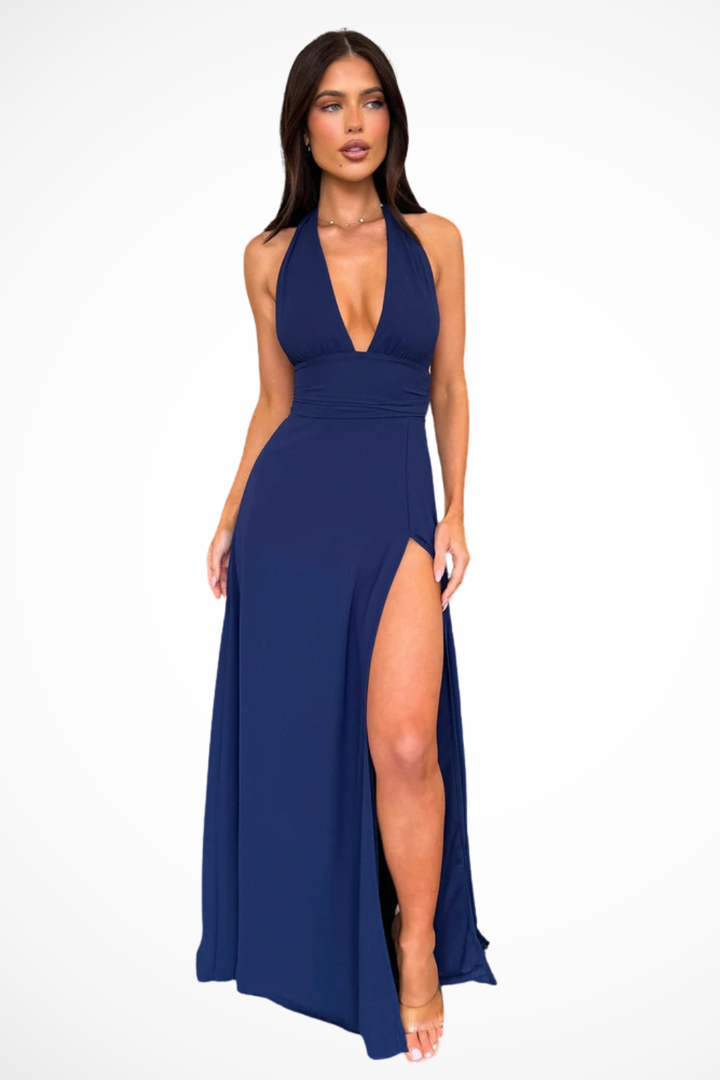 Womens Maxi Dress Halter Neck High Thigh Split