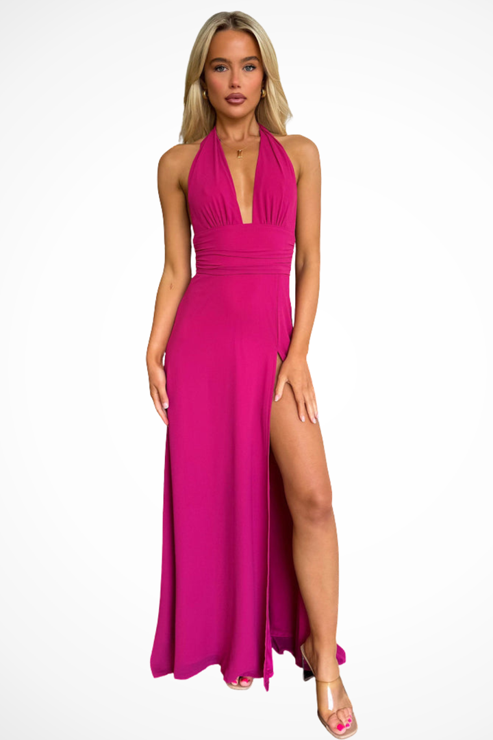Womens Maxi Dress Halter Neck High Thigh Split