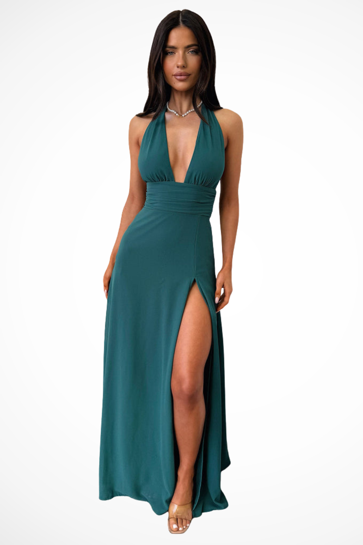 Womens Maxi Dress Halter Neck High Thigh Split