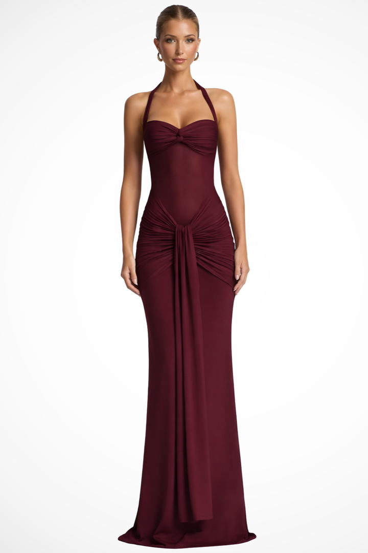 Womens Maxi Dress Halter Neck Twist Front Gathered Hip Detail - Clovrio