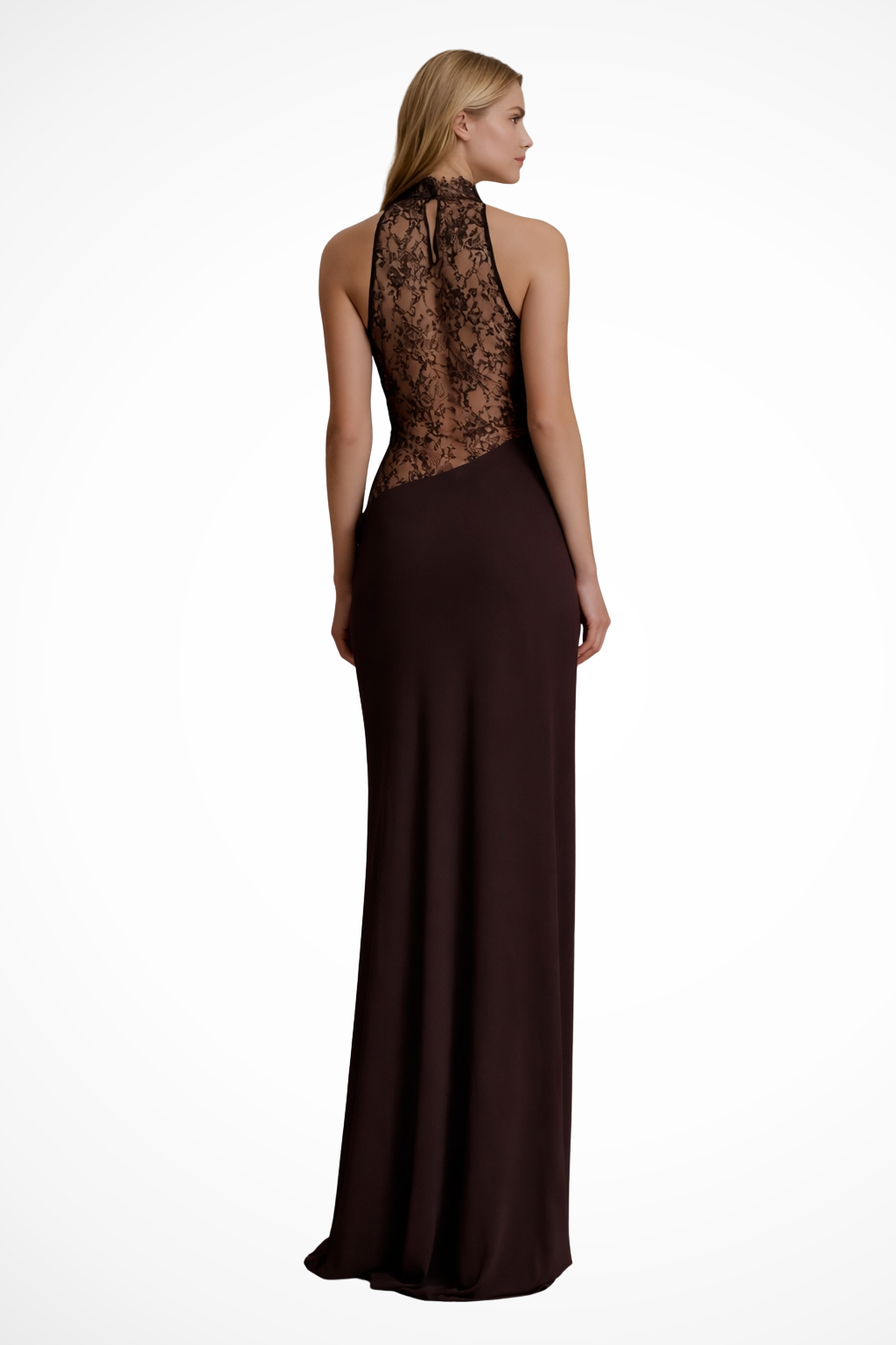 Womens Maxi Dress with Lace Panel Halter Neck Evening