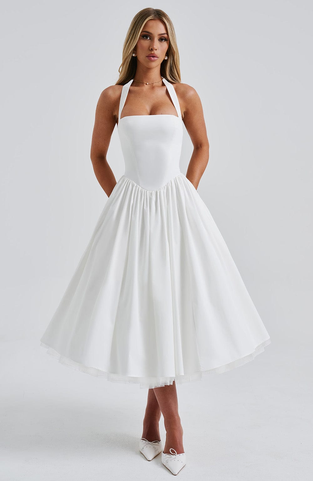 Womens Midi Dress with Halter Neck and Smocked Pleated Bodice - Clovrio